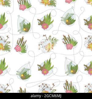 Seamless pattern with cactus house plants and succulents in glass pots. Window gardening on whitw background. Flat Art Vector Illustration Stock Vector