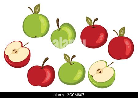 Apple icon set isolated on white background. Natural delicious ripe tasty fruit. Template vector illustration for packaging, banner. Stylized green Stock Vector
