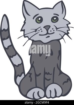 Vector illustration of sitting grey cat. Cartoon cat with striped tail. Stock Vector