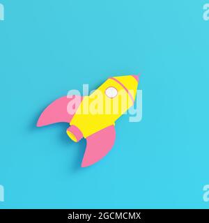 Yellow cartoon styled rocket on bright blue background in pastel colors. Minimalism concept. 3d render Stock Photo