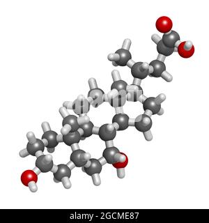 Chenodeoxycholic acid drug molecule. 3D rendering. Atoms are rep Stock Photo