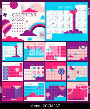 Calendar 2022, planner organizer, Monday week start, vertical layout, set for 12 months from January to December. Vector multicolored isolated Stock Vector