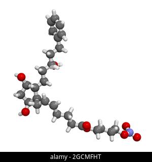 Latanoprostene bunod eye drug molecule. 3D rendering. Atoms are Stock Photo