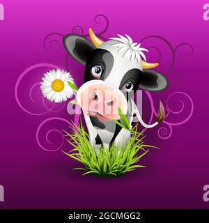 Cute Holstein cow in green grass over purple Stock Vector