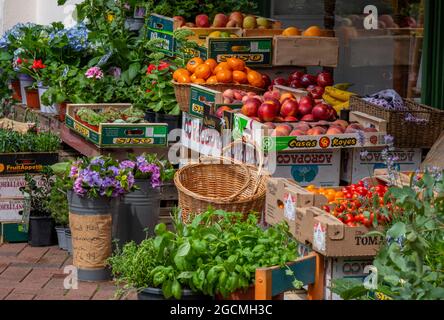 colourful fruit and vegetable display, greengrocers display, fruits and vegetables on display, five a day, beautiful shop display at grocers. Stock Photo