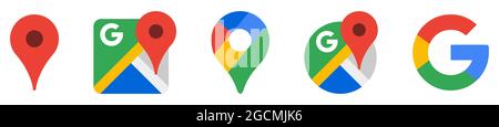 Vinnytsia, Ukraine - August 5, 2021. Set of Google Maps Icons. Location Symbol. Vector Illustration Isolated on White Background Stock Vector