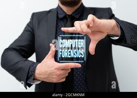 Conceptual caption Computer Forensics. Internet Concept the investigative analysis techniques on computers Presenting New Plans And Ideas Stock Photo