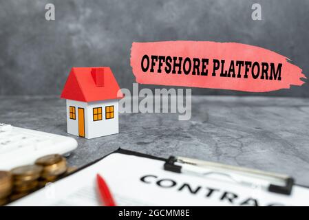 Conceptual display Offshore Platform. Word for structure with facilities for well drilling to explore Saving Money For A Brand New House, Abstract Stock Photo