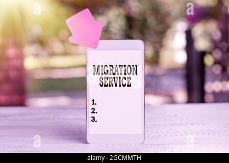 Conceptual caption Migration Service. Word for moving of company data to a cloud service providers Abstract Outdoor Smartphone Photography, Displaying Stock Photo
