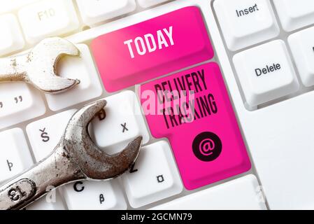 Handwriting text Delivery Tracking. Conceptual photo the process of localizing shipping containers and mails Computer Engineering Concept, Abstract Stock Photo