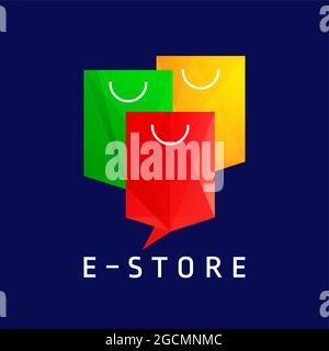 Web store, internet shopping or sale logo concept. Logotype idea. Paper colorful bags. Online order sign, creative stained-glass style colour objects. Stock Vector