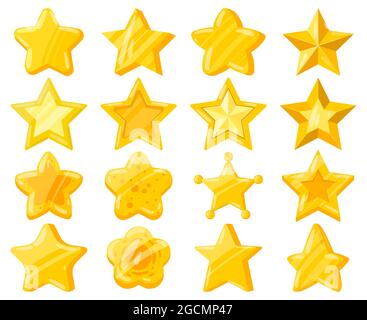 Cartoon mobile web game ui golden stars. Casual game interface shiny stars, yellow golden star trophies vector illustration set. Mobile game Stock Vector