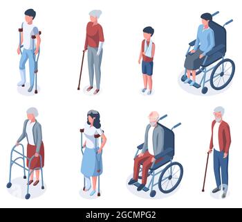 Isometric traumatised disabled elderly and young people. Humans on crutches or in wheelchair vector illustration set. Injury mixed age characters Stock Vector