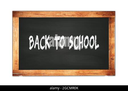 BACK  TO  SCHOOL text written on black wooden frame school blackboard. Stock Photo