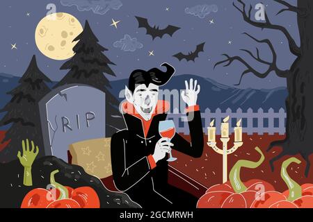 Happy Halloween holiday greeting card. Vampire dinner in moonlight night cemetery with pumpkins and bats. Ghoul drink blood in grave with tombstone and inscription R.I.P. near zombie hand from ground Stock Vector