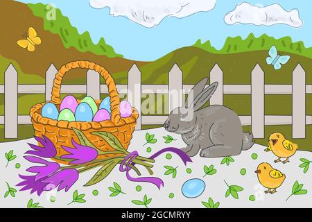 Happy Easter Day holiday greeting card. On lawn colorful eggs basket and cute rabbit, chickens and flowers. Traditional spring religious celebration banner. Vector eps hand drawn bunny illustration Stock Vector