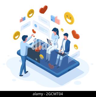 Isometric social media people online communication concept. Social network, person get positive feedback, likes, thumbs up vector illustration set Stock Vector