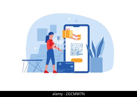 Flat woman with mobile phone in hands scan qr code for payment online. Character using smartphone scanner id app for barcode scanning or money transaction technology. Contactless shopping concept. Stock Vector
