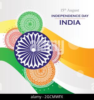 Illustration of Independence day of India. The poster is decorated with different colors of the mandala. Stock Vector