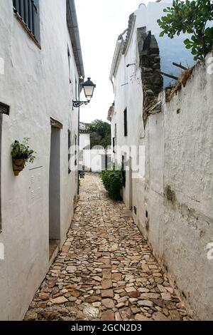 Town of Castellar de la Frontera, typical street with flowers on white facades, in Cádiz. Stock Photo
