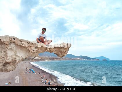 Almería, Andalusia, Spain - August 12, 2020. Los Escullos beach in Cabo de Gata natural park, Nijar Stock Photo