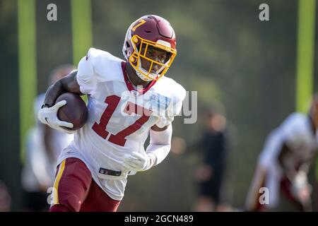 August 9, 2021: Washington Football Team wide receiver Terry McLaurin (17)  runs an out route during the team's NFL football training camp practice at  the Washington Football Team Facilities in Ashburn, Virginia