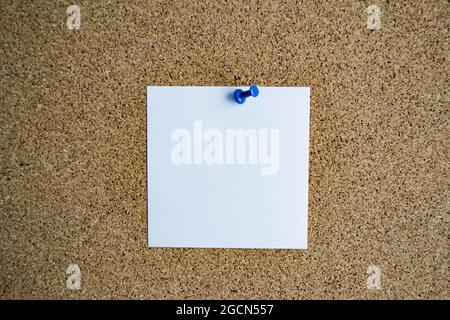 A white paper note on a cork board, attached with a blue pushpin. Copy space. Stock Photo