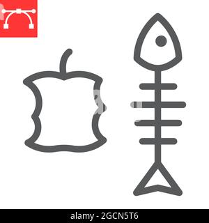 Organic waste line icon, apple core and fish skeleton, food waste vector icon, vector graphics, editable stroke outline sign, eps 10 Stock Vector