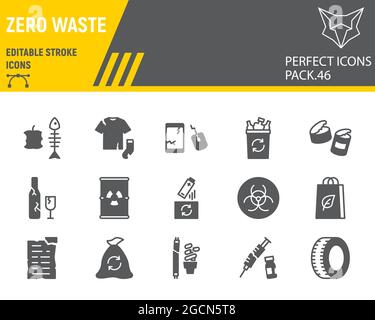 Zero waste glyph icon set, recycle collection, vector graphics, logo illustrations, zero waste vector icons, environment signs, solid pictograms, edit Stock Vector