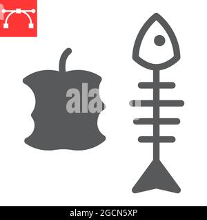Organic waste glyph icon, apple core and fish skeleton, food waste vector icon, vector graphics, editable stroke solid sign, eps 10 Stock Vector