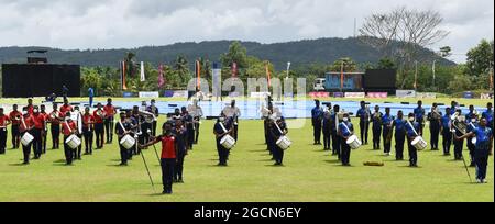 Sri Lanka Army personal preparing for an opening ceremony of a sports event. Army Ordinance cricket grounds. Dombagoda. Sri Lanka.