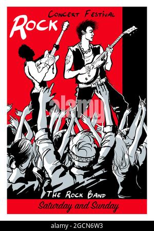 Rock music concert poster with two guitarists and crowd applauding them. - vector illustration Stock Vector