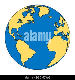 Planet Earth. Outlined, minimalist sketch of globe with America, Africa and Europe. Isolated flat illustration against white background. Stock Photo