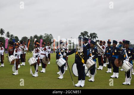 Sri Lanka Army bands at an opening ceremony of a cricket league. Army Ordinance cricket grounds. Dombagoda. Sri Lanka.