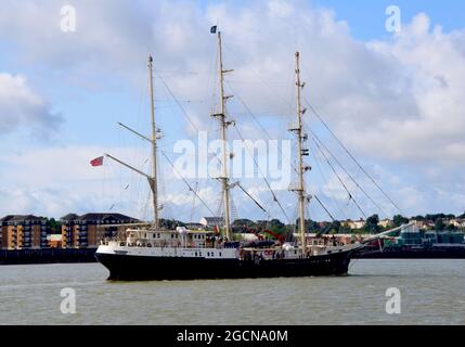 SV Tenacious is a sail training vessel that offers crew experiences to people whom are disabled. The tall ship is pictured passing Gravesend this morn Stock Photo