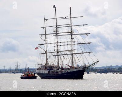 SV Tenacious is a sail training vessel that offers crew experiences to people whom are disabled. The tall ship is pictured passing Gravesend this morn Stock Photo