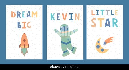 Cute space collection with lettering Childish print for nursery Ideal for baby posters cards clothes Vector cartoon illustration in pastel colors Stock Vector