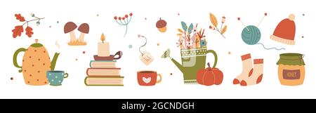 Autumn cute cozy design elements decorative bundle. Vector illustration Stock Vector