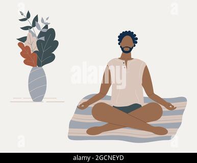 Afro-american man sitting with his legs crossed on floor and meditating. Young guy in yoga posture doing meditation, mindfulness practice Stock Vector