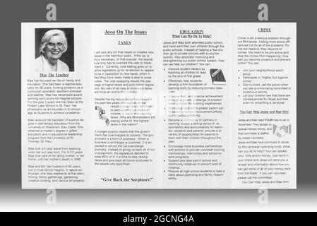 1998 election year material for Minnesota Reform Party candidates for Governor and Lieutenant Governor, Jesse Ventura and Mae Schunk.