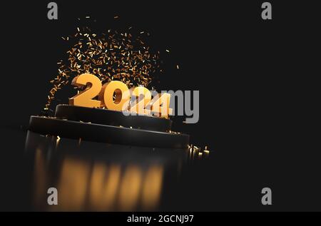 happy new year 2024 - 3D rendering - gold and black colors Stock Photo