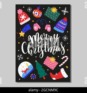 Merry Christmas card, nordic scandinavian illustration, handwritten lettering postcard with calligraphy, cartoon doodles with christmas ball and Stock Vector