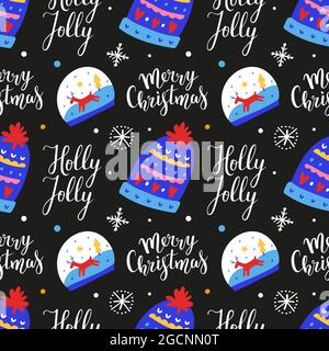 Xmas pattern with christmas glass balls, lettering phrases holly jolly and merry christmas and knitted hat with ornaments, seamless vector pattern Stock Vector
