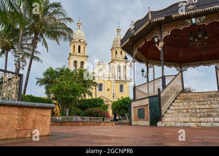 UNION DE TULA, MEXICO - Jun 23, 2021: Main garden plaza of Union de Tula, Jalisco, with a kiosk in the center and a church in the background Stock Photo