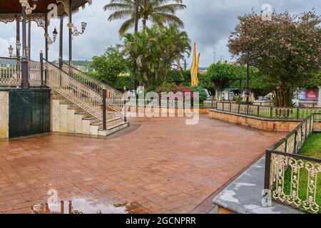 UNION DE TULA, MEXICO - Jun 23, 2021: Main garden plaza of Union de Tula, Jalisco, with a kiosk in the center and a church in the background Stock Photo