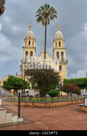 UNION DE TULA, MEXICO - Jun 23, 2021: Main garden plaza of Union de Tula, Jalisco, with a kiosk in the center and a church in the background Stock Photo