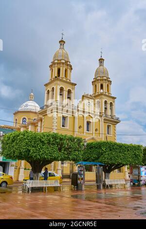 UNION DE TULA, MEXICO - Jun 24, 2021: A church in the main garden square of Union de Tula, Jalisco, with a kiosk in the center Stock Photo