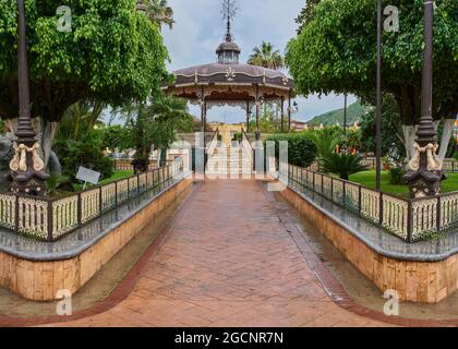 UNION DE TULA, MEXICO - Jun 23, 2021: Main garden plaza of Union de Tula, Jalisco, with a kiosk in the center and a church in the background Stock Photo