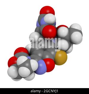 Zoliflodacin antibiotic drug molecule. 3D rendering. Atoms are r Stock Photo
