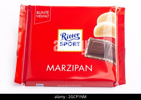 HUETTENBERG, GERMANY - 2021-07-24,  RITTER SPORT chocolate with marzipan filling. RITTER SPORT is German chocolate brand founded in 1912. Stock Photo